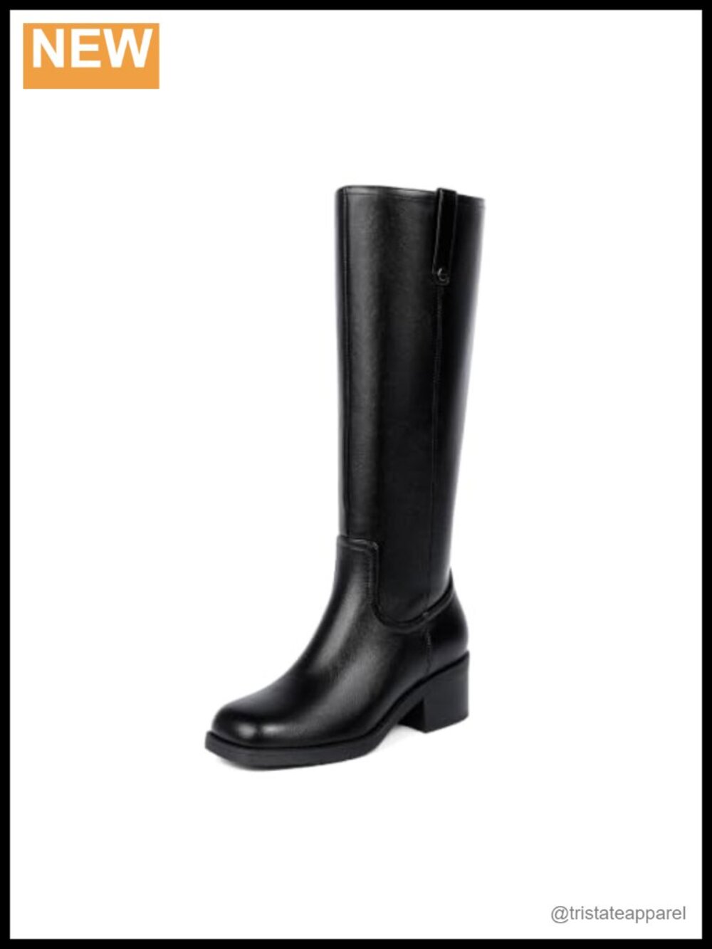Knee High Chunky Heel Square Toe Metal Rivet Pull Tab Riding Boots Faux Leather